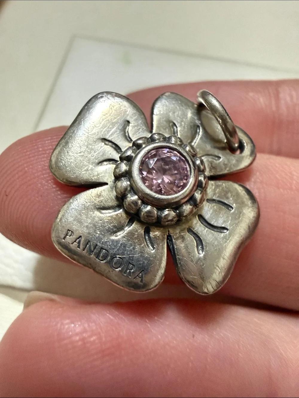 Pandora Sterling Silver 925 Flower Charm Pendant W/Pink Center Crystal W/Box
